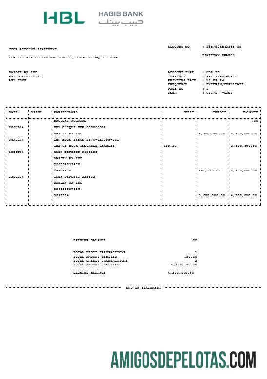 realista PAQUISTÃO HBL Business Utility Bill Word e modelo PDF